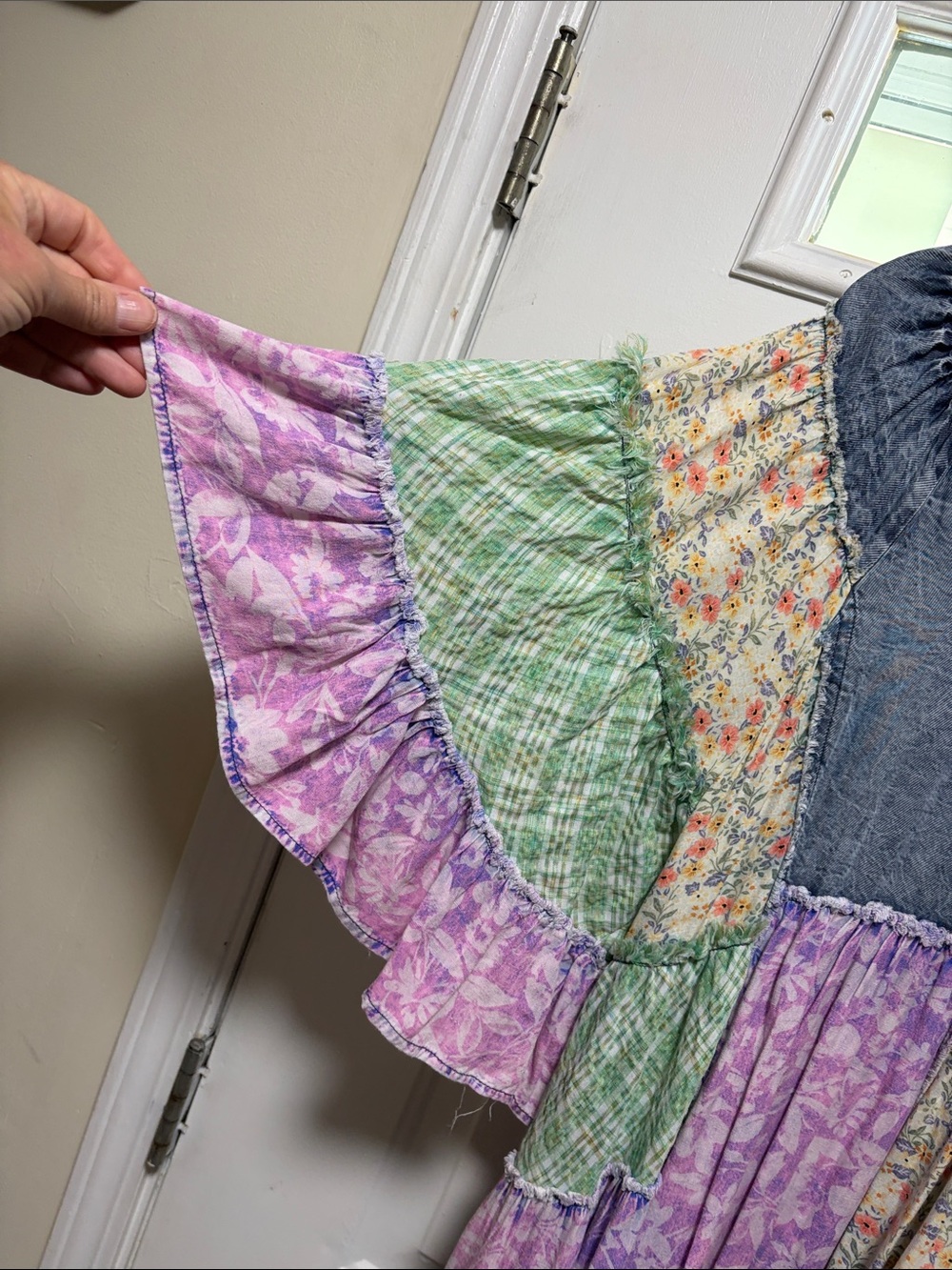 Oli & Hali Lavender, Green and Denim Patchwork Midi Dress - Picture 4 of 9